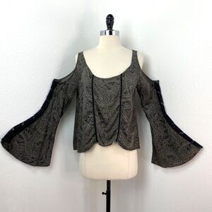 Abercrombie & Fitch Olive Green Paisley Blouse SM Fairy Goth Boho Cold Shoulder